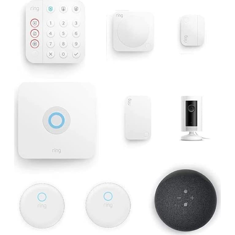 Ring | Hippo Smart Home Security Kit, 9-Piece: Ring Alarm with Ring Indoor Cam (1st Gen). Flood/Freeze sensor, Smoke/CO listener and Echo Dot