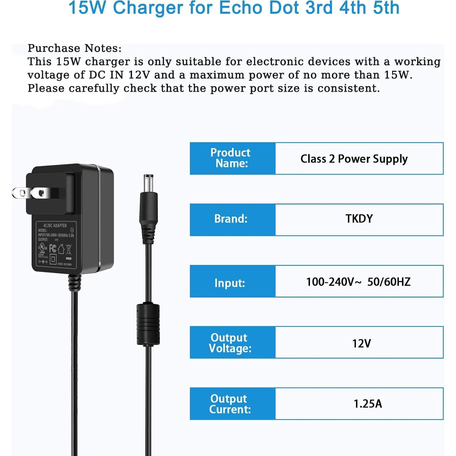 Adaptador de Corriente 15W TKDY para Alexa Echo Dot y Fire TV