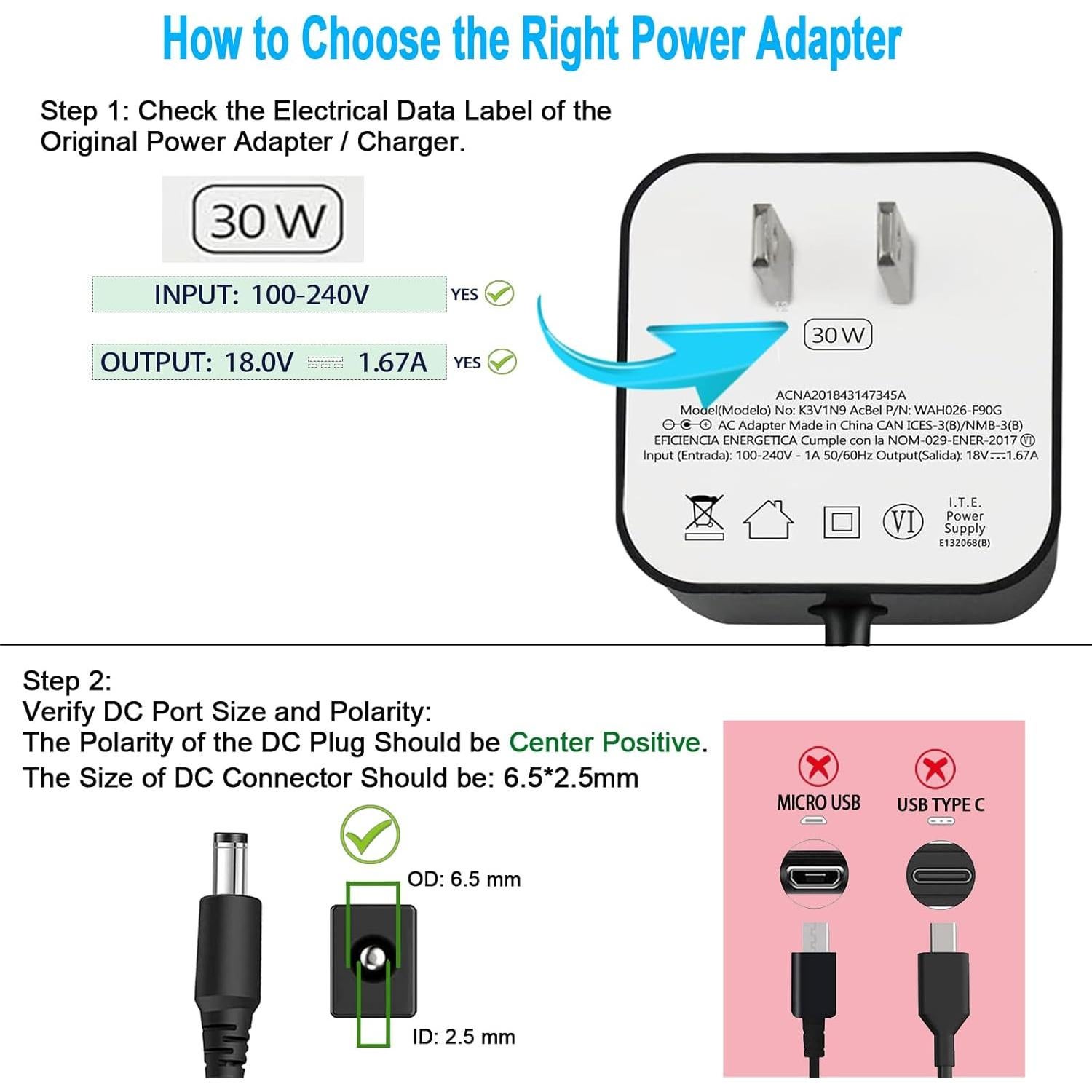 Cargador 30W Tai Ke para Alexa Echo Show y Echo Plus