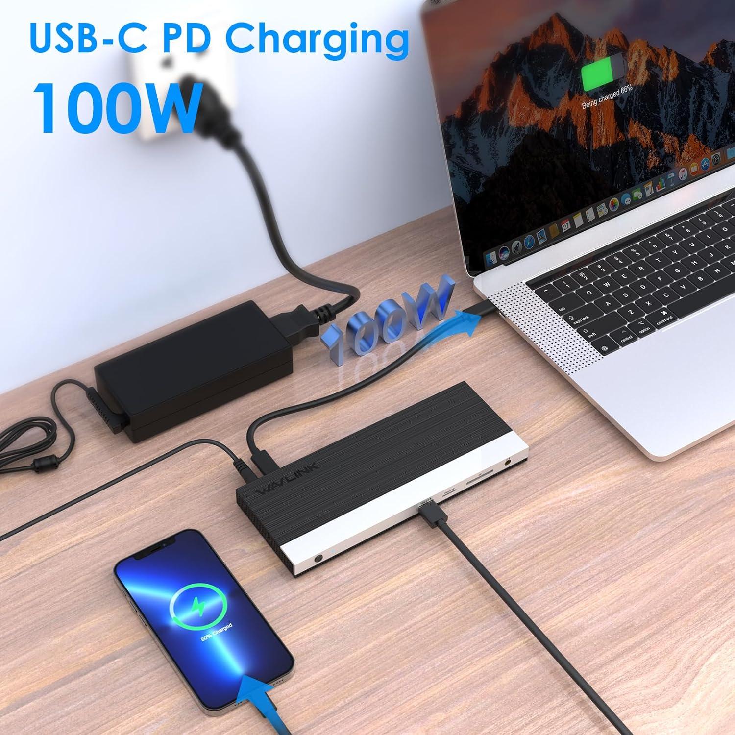 Dock USB C WAVLINK 13 en 1 para 3 Monitores 100W PD