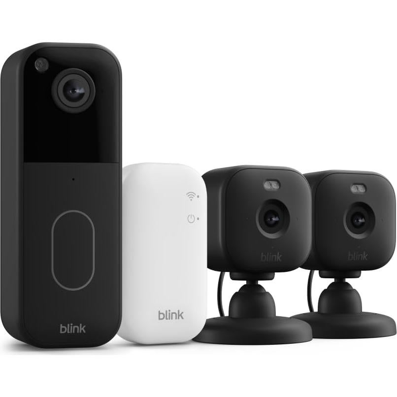 All-new Blink Video Doorbell + Mini 2 – Motion & chime alerts, HD viewing, and two way audio. Sync Module Core included – 1 camera system + two Mini 2 (Black/Black)
