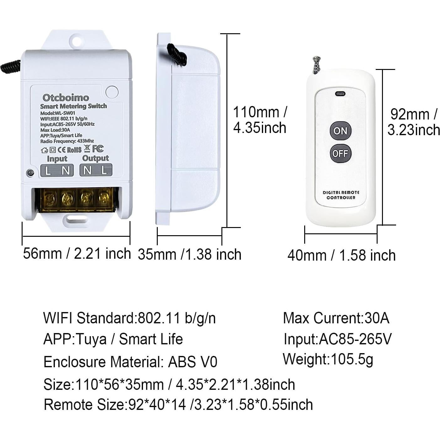 Interruptor Inteligente Inalámbrico WiFi Otcboimo 30A con Control Remoto