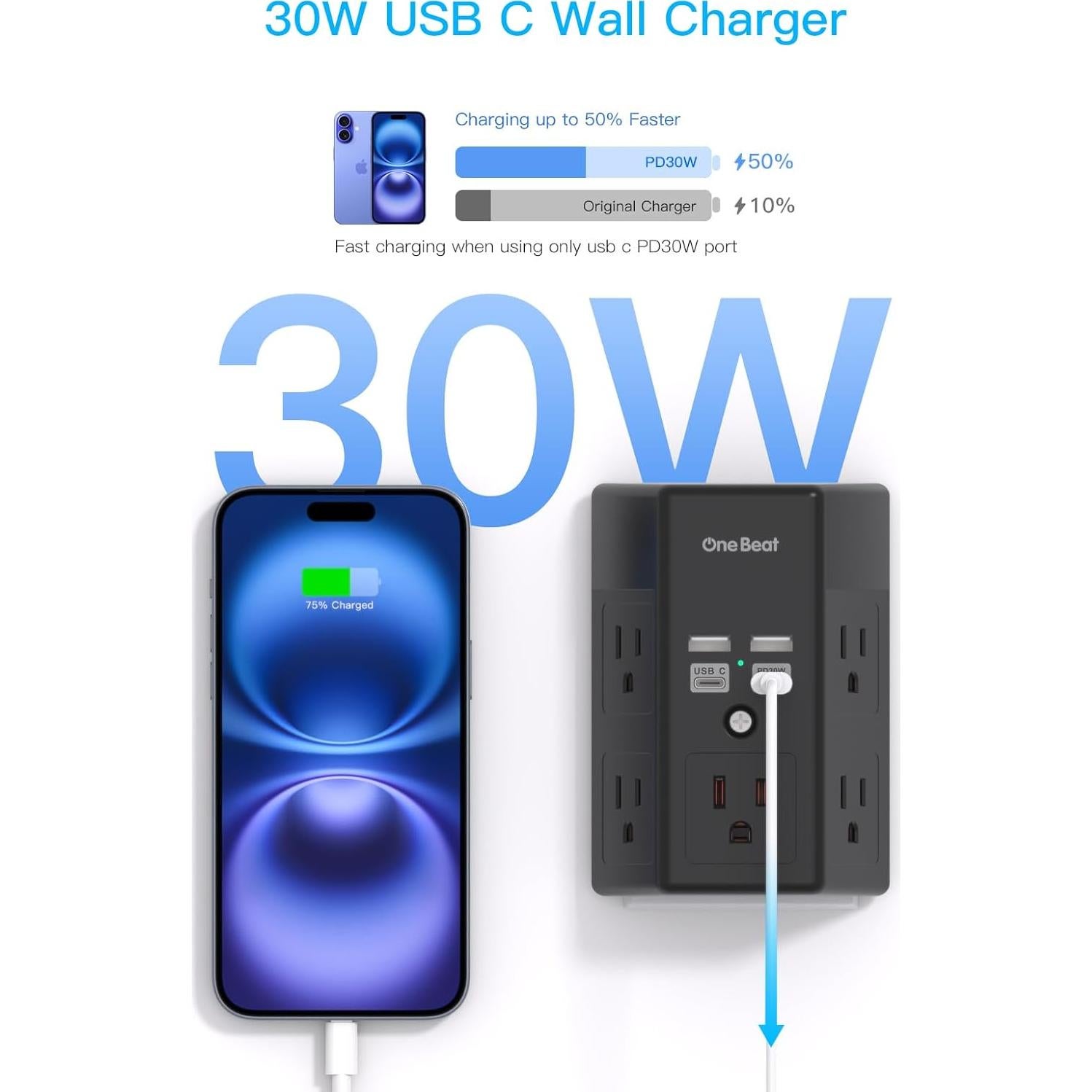 Extensor de Enchufe One Beat 5 Salidas 4 USB C PD30W Negro