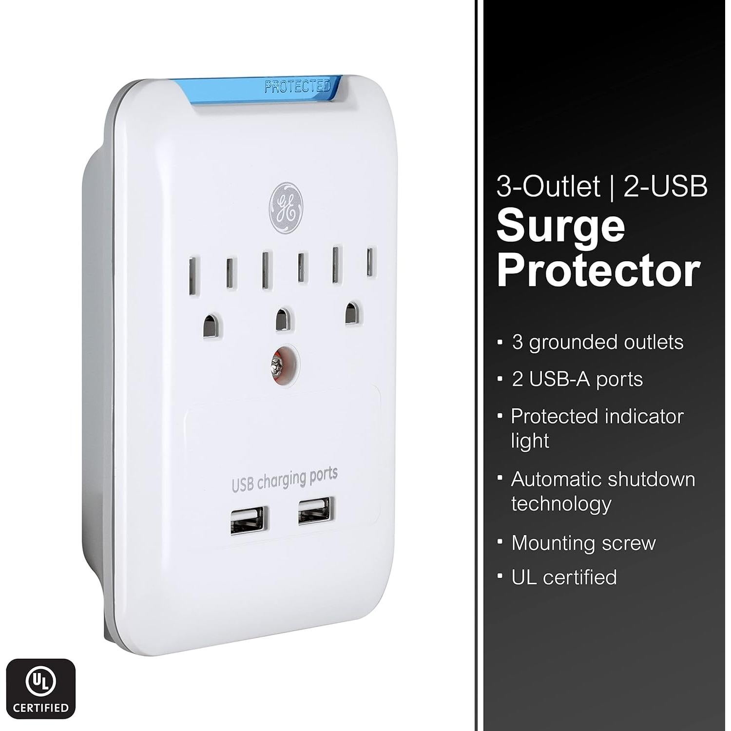 Extensor de 3 Salidas y 2 USB GE 33646, Protector de Sobretensión