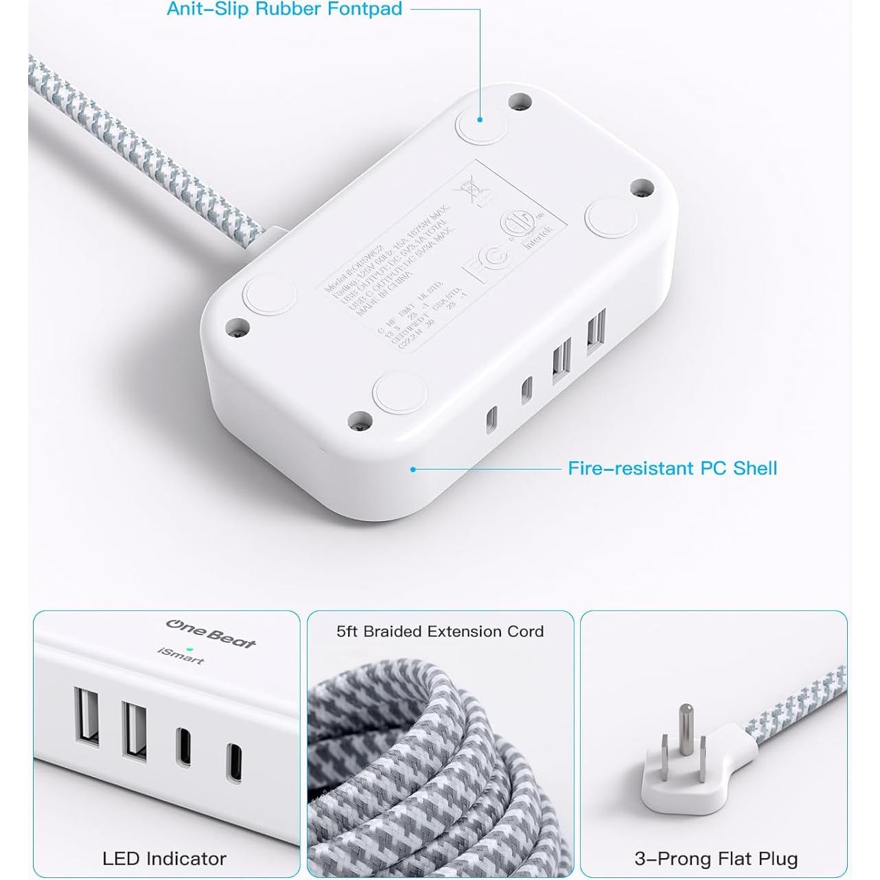 Regleta de Poder One Beat 5 Pies 3 Salidas 4 USB Crucero