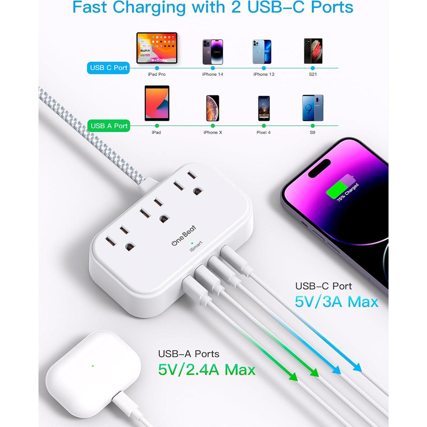 Regleta de Poder One Beat 5 Pies 3 Salidas 4 USB Crucero