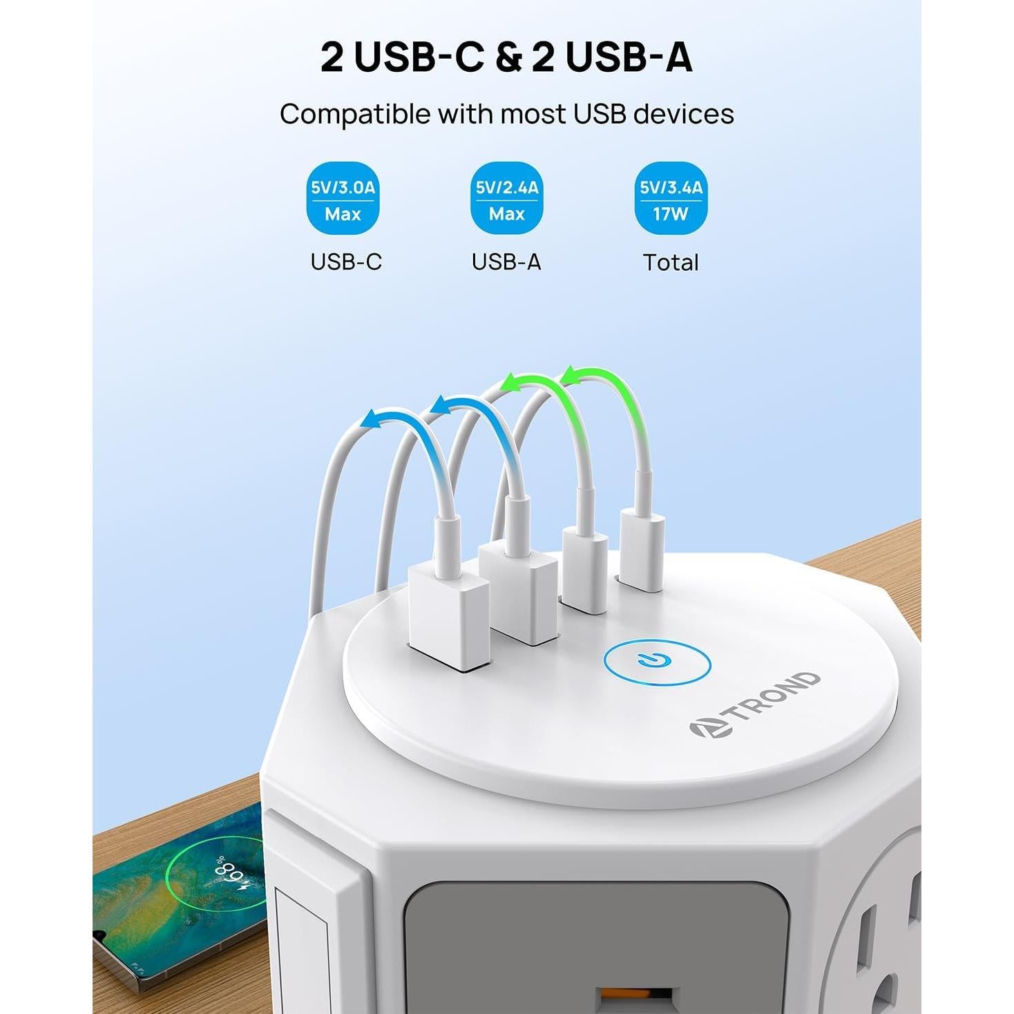Protector de Sobretensión TROND Tower 14 Salidas 6 Pies USB-C
