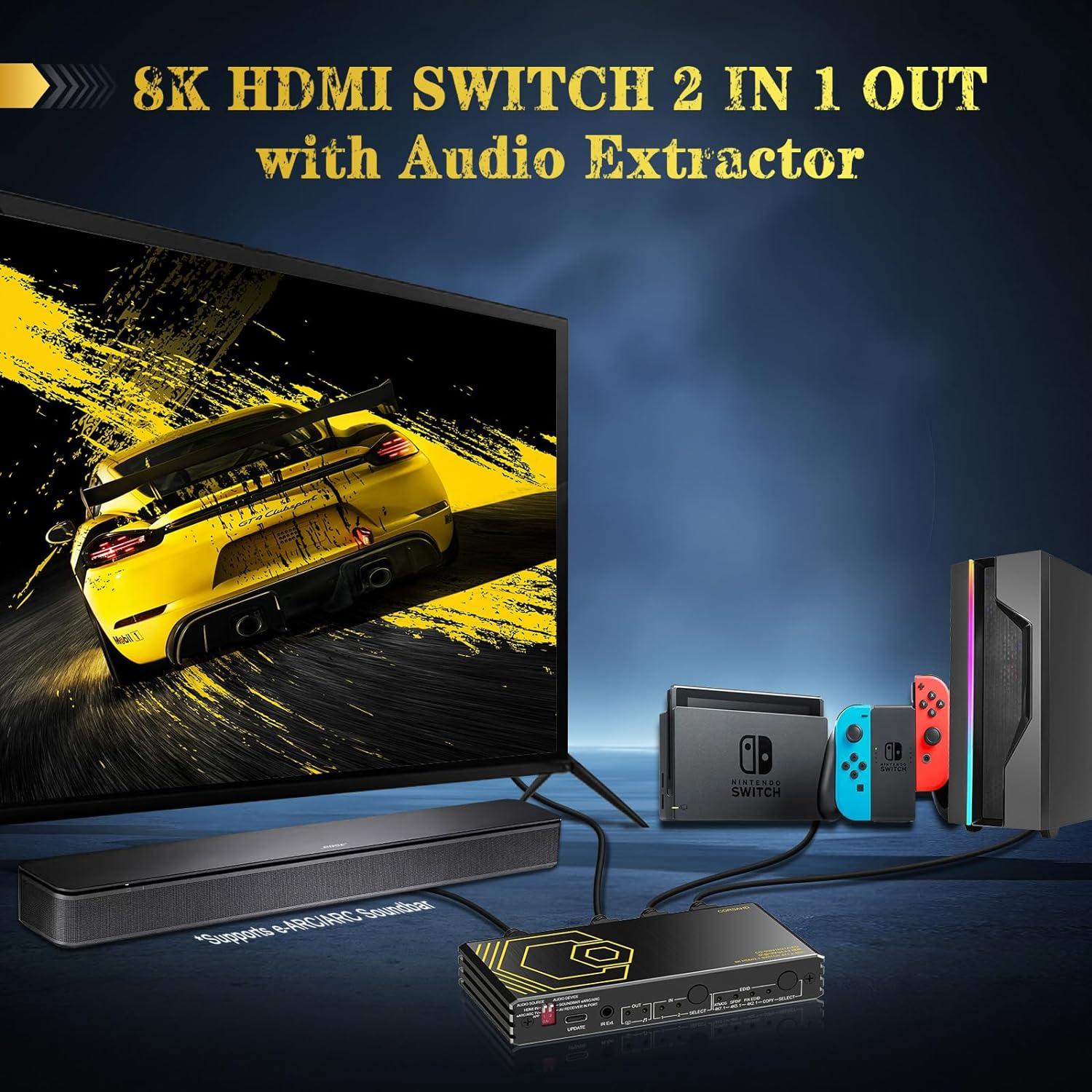Interruptor HDMI 2.1 CORSAHD 2x1 con Extractor de Audio eARC