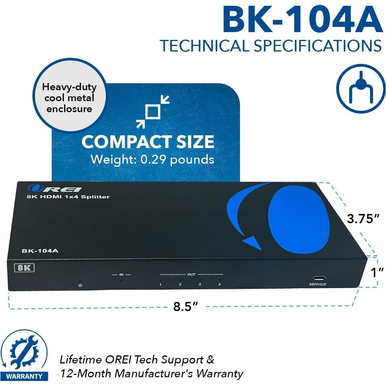 Divisor HDMI 8K OREI BK-104A 1x4 con Extractor de Audio