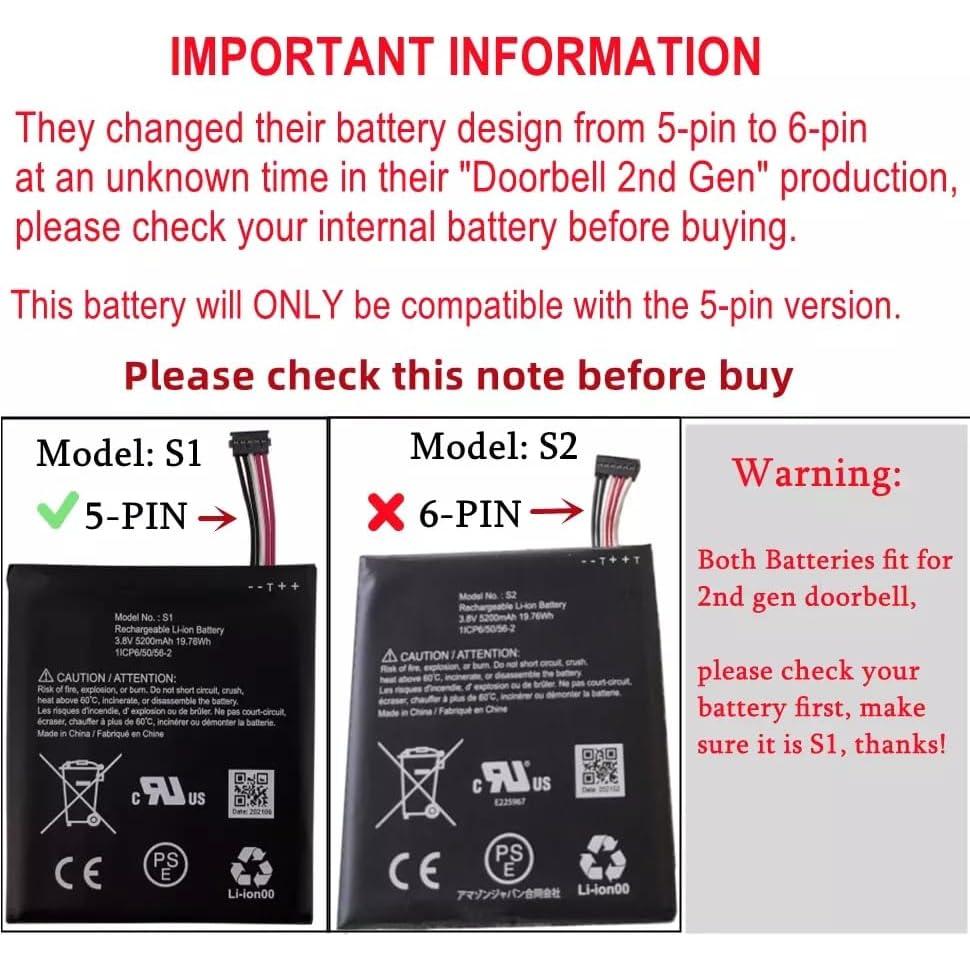 Batería S1 Recargable para Ring Video Doorbell 2da Gen 5200mAh