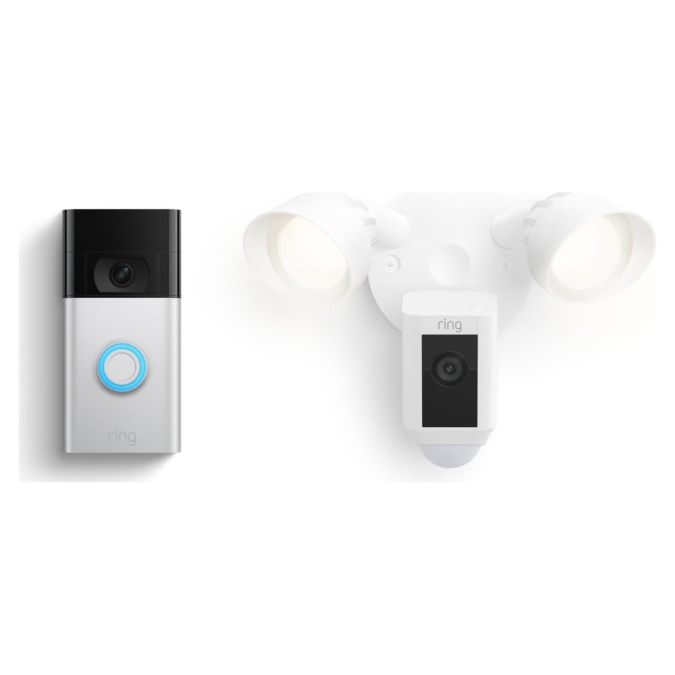 Ring Floodlight Cam Wired Plus, White with Ring Video Doorbell, Satin Nickel