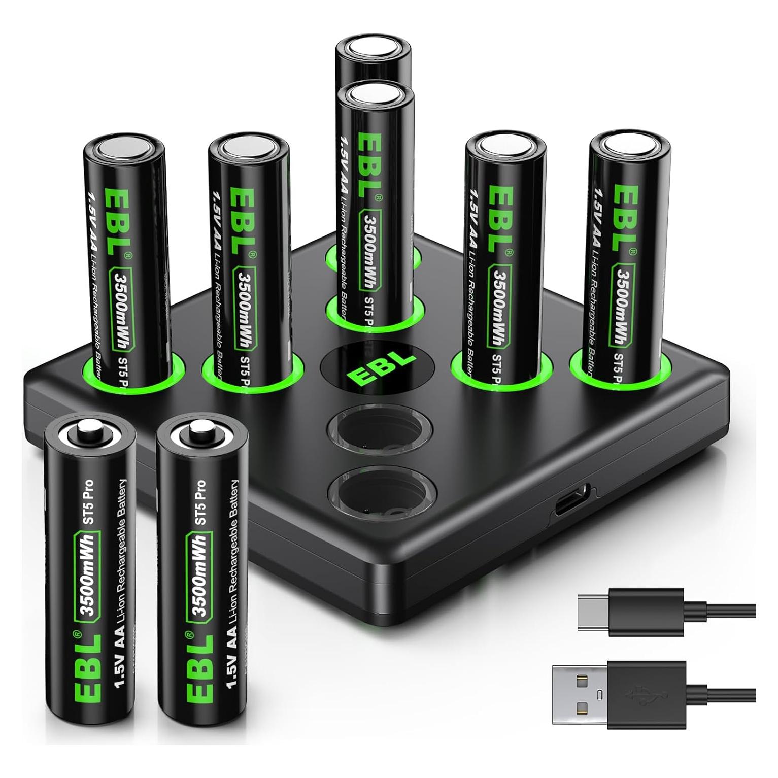 EBL Rechargeable Lithium AA Batteries, 8-Pack 1.5V Lithium Battery AA 3500mWh with USB-C Fast Charger for Blink Camera,Video Doorbell, Flashlight