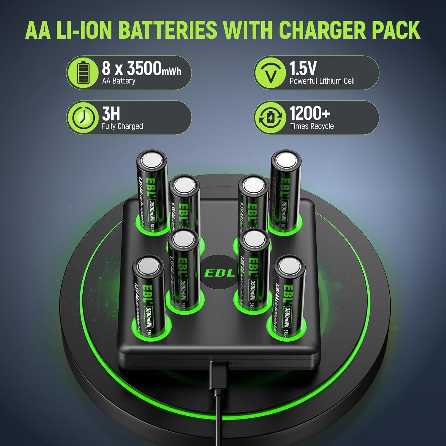 EBL Rechargeable Lithium AA Batteries, 8-Pack 1.5V Lithium Battery AA 3500mWh with USB-C Fast Charger for Blink Camera,Video Doorbell, Flashlight