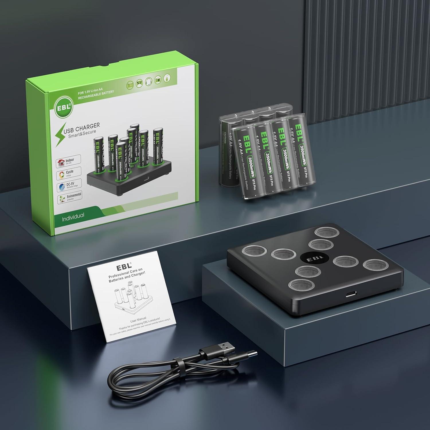 EBL Rechargeable Lithium AA Batteries, 8-Pack 1.5V Lithium Battery AA 3500mWh with USB-C Fast Charger for Blink Camera,Video Doorbell, Flashlight