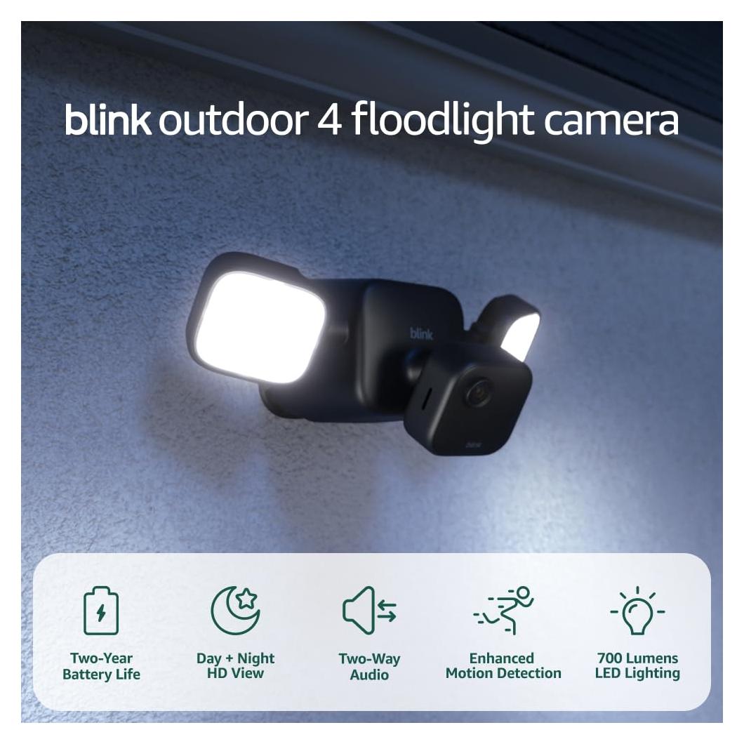 Blink Outdoor 4 Floodlight Camera — Wireless smart security camera, 700 lumens, two-year battery life, enhanced motion detection, Sync Module Core included — 1 camera system