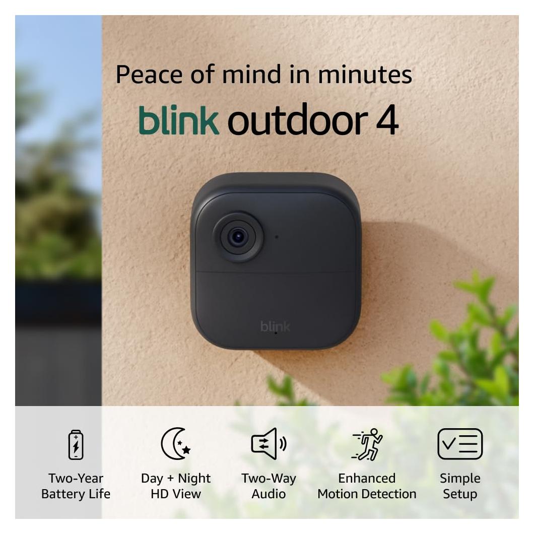Blink Outdoor 4 (4th Gen) + Blink Mini – Smart security camera, two-way talk, HD live view, motion detection, set up in minutes, Works with Alexa – 6 camera system + Mini (White)