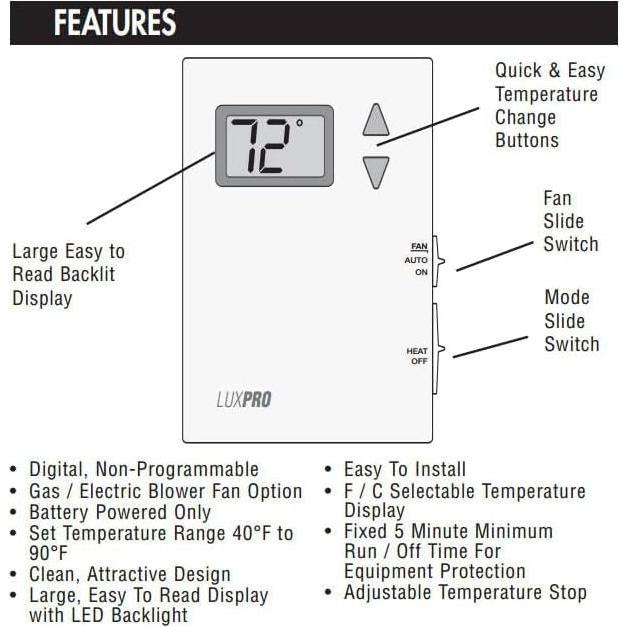 Termostato Digital No Programable LUX PSD010BF para Calefacción