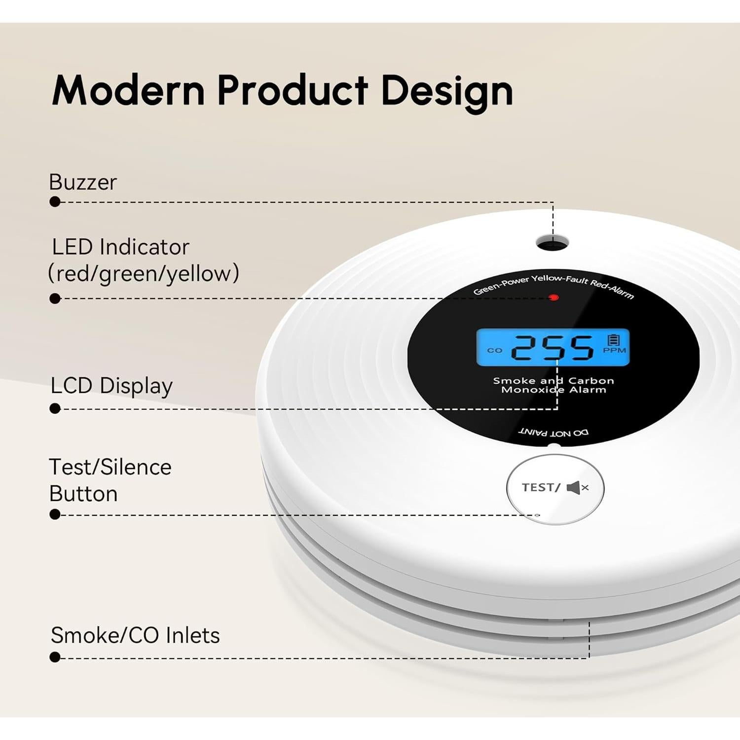 Detector de Humo y Monóxido de Carbono KARUOTOP 10 Años LCD