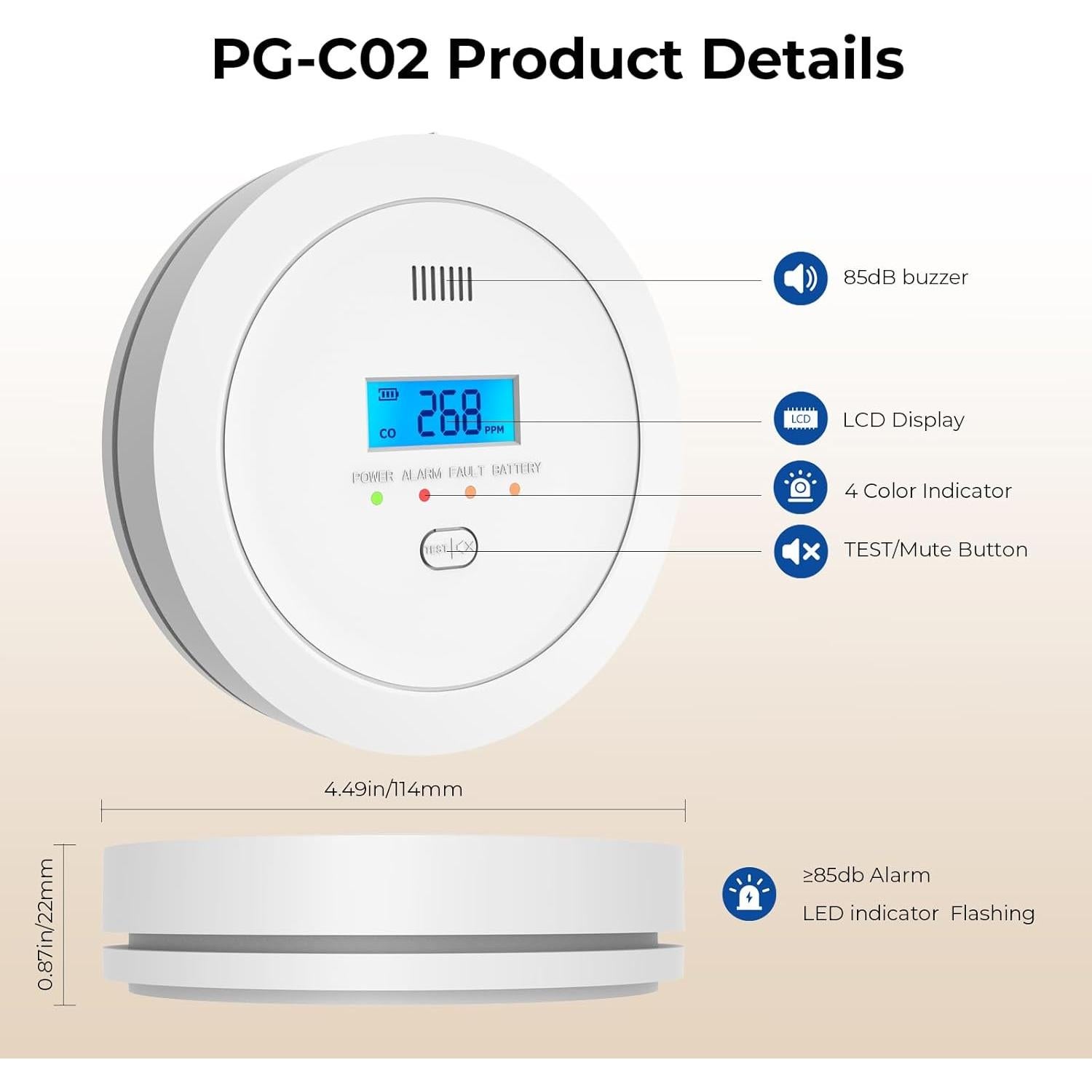 Detector de Monóxido de Carbono PG-C02 - 2 Piezas con Pantalla LCD