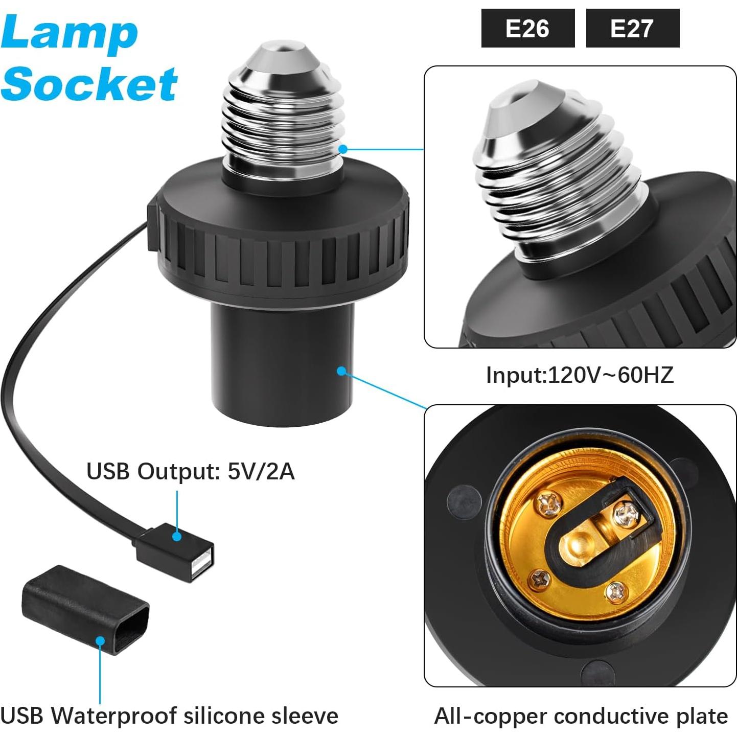 Adaptador de Enchufe de Lámpara UYODM USB E26 5V 2A Negro