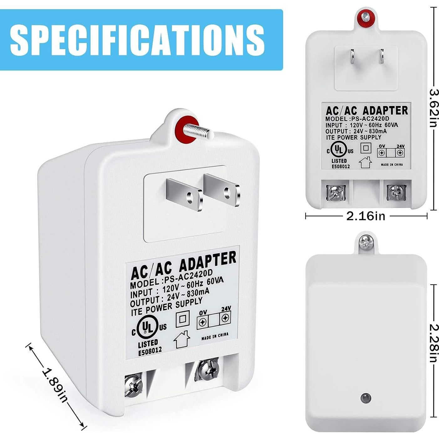 Transformador de Pared 24V 830mA WUYELIN para Termostatos y Timbres