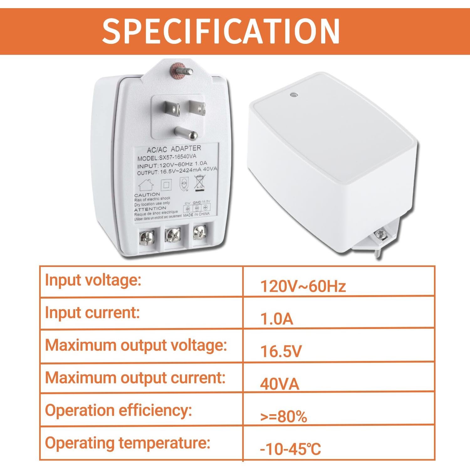 Transformador Enchufable 16.5V 40VA JAMHER para Timbres y Termostatos