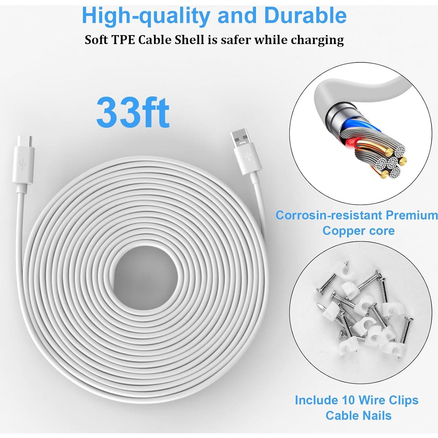 Cable de Extensión Micro USB 10m AIAUXAI para Cámaras de Seguridad