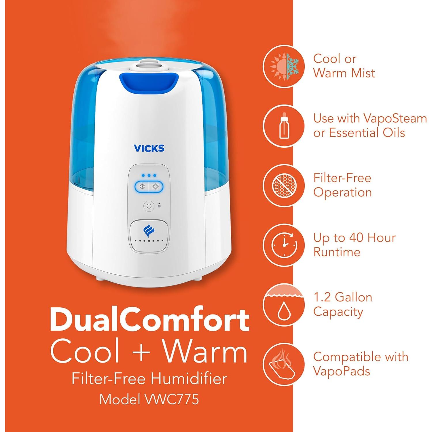 Humidificador Vicks Dual Comfort 25.7cm Niebla Fría y Caliente