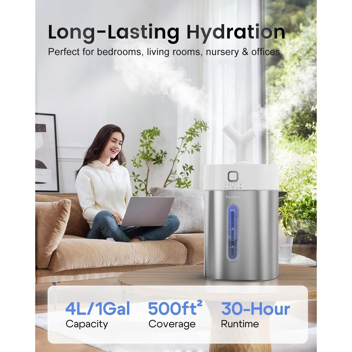 Humidificador Ultrasonido Feekaa 4L Acero Inoxidable 500ft²