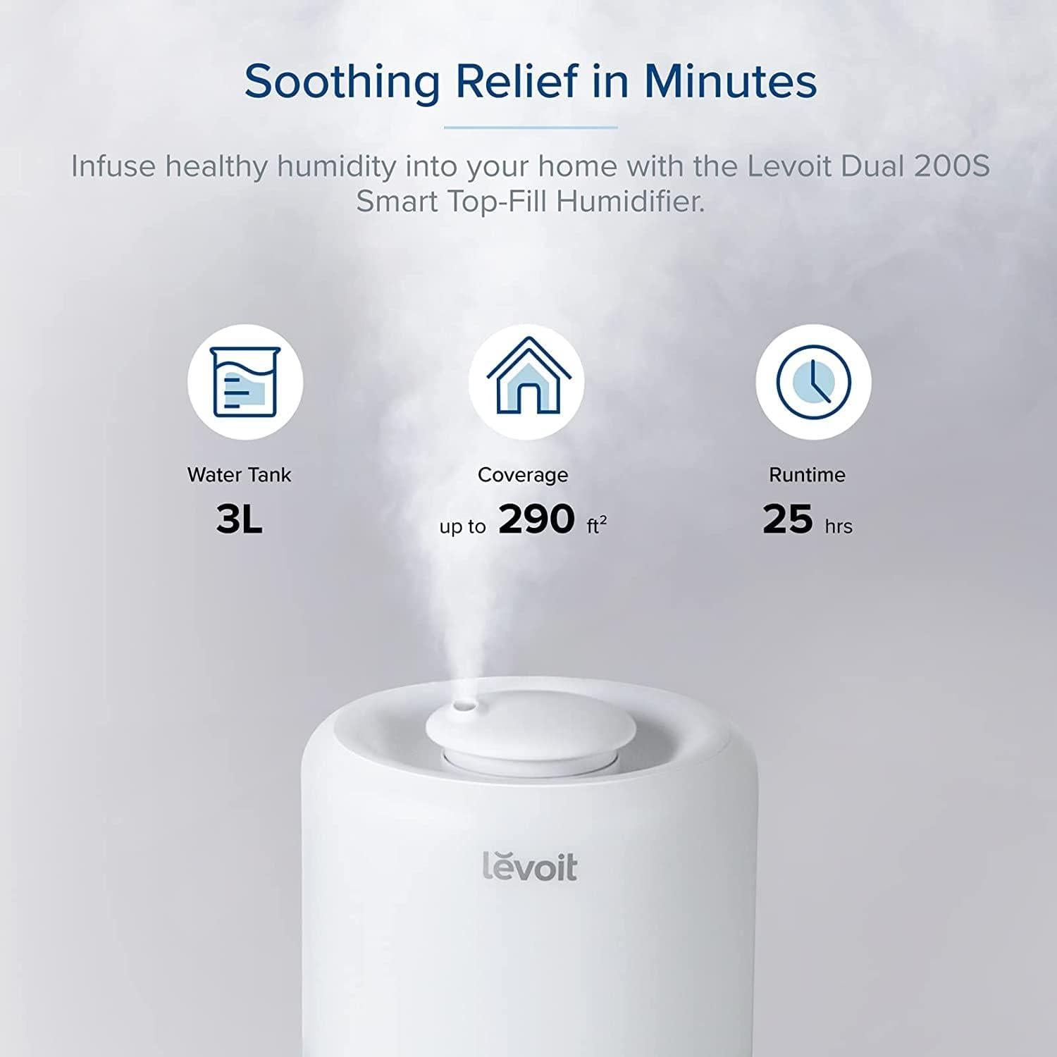 Humidificador LEVOIT 3L para dormitorio, difusor de aceite 2 en 1