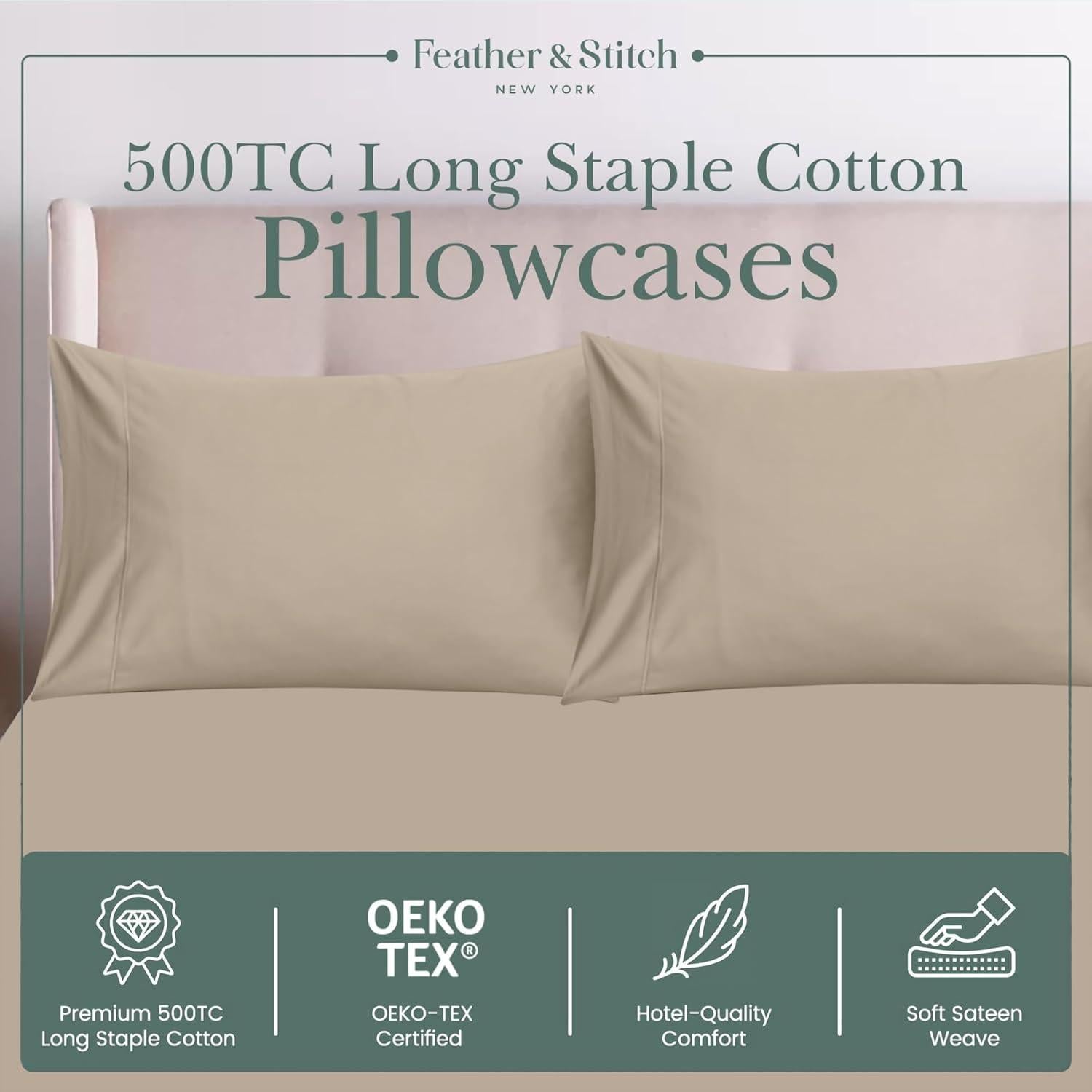 Funda de Almohada 100% Algodón Feather & Stitch 500TC 50.8x76.2cm