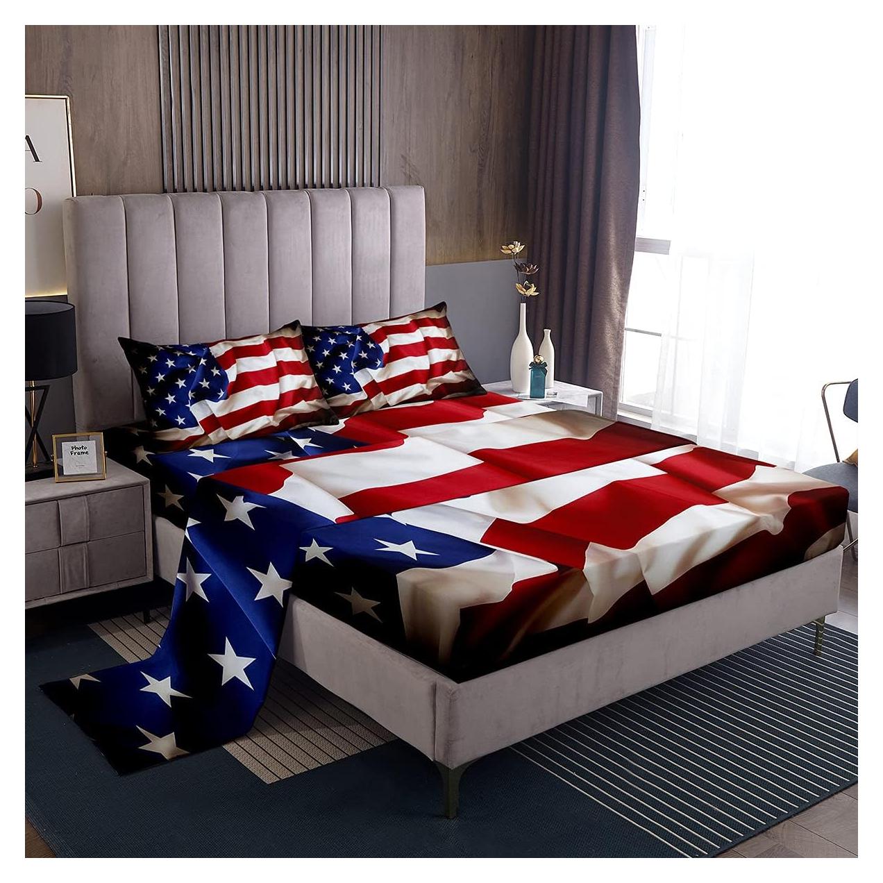 Erosebridal United States Sheet Set Teens American Flag Fitted Sheet Twin, Blue Red Bedding Set Geometric Stripes Bed Sheet with Deep Pocket, 3 Pcs with 1 Fitted Sheet, 1 Flat Sheet, 1 Pillow Case