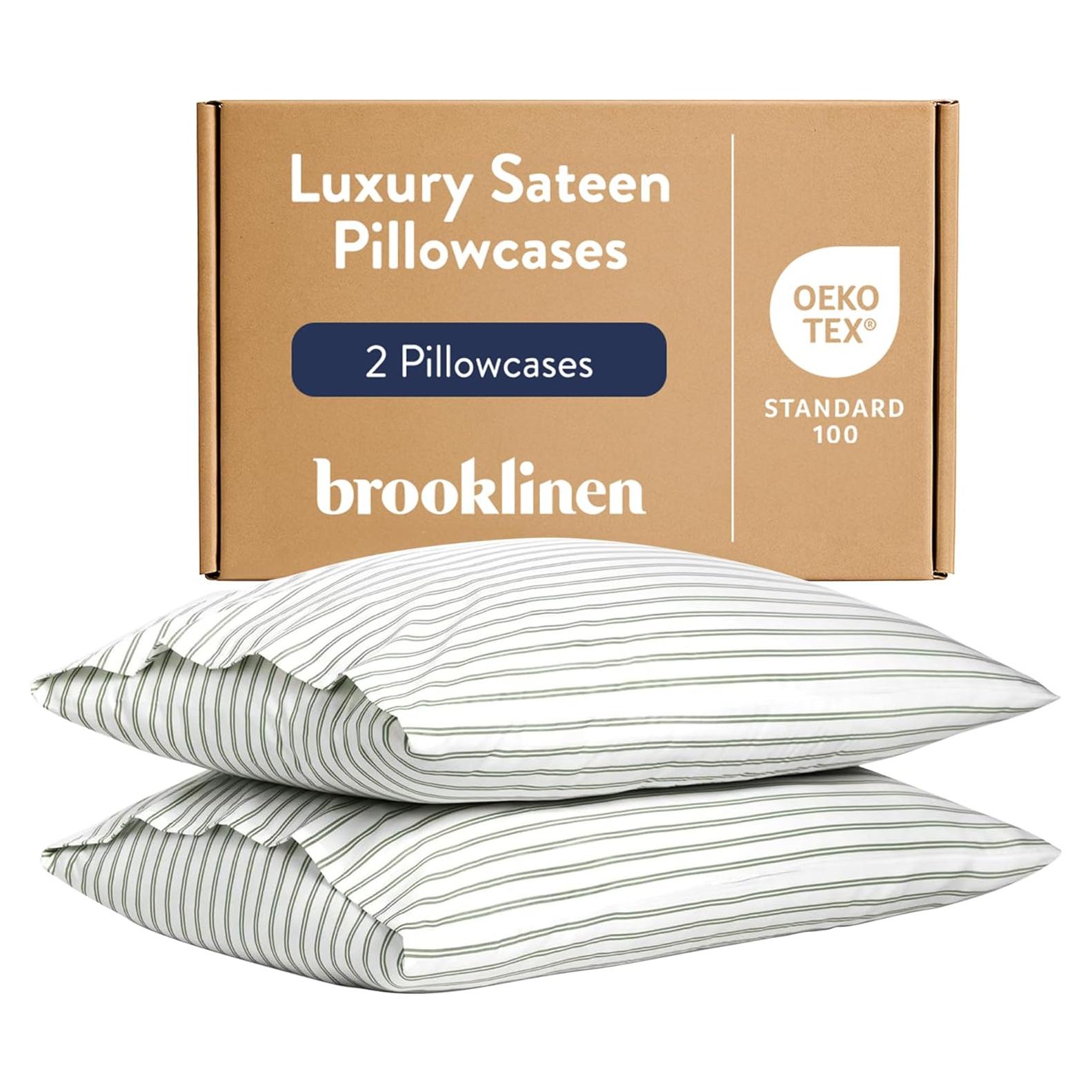 Funda de Almohada de Saten Brooklinen - Juego de 2 King Rayas Verdes