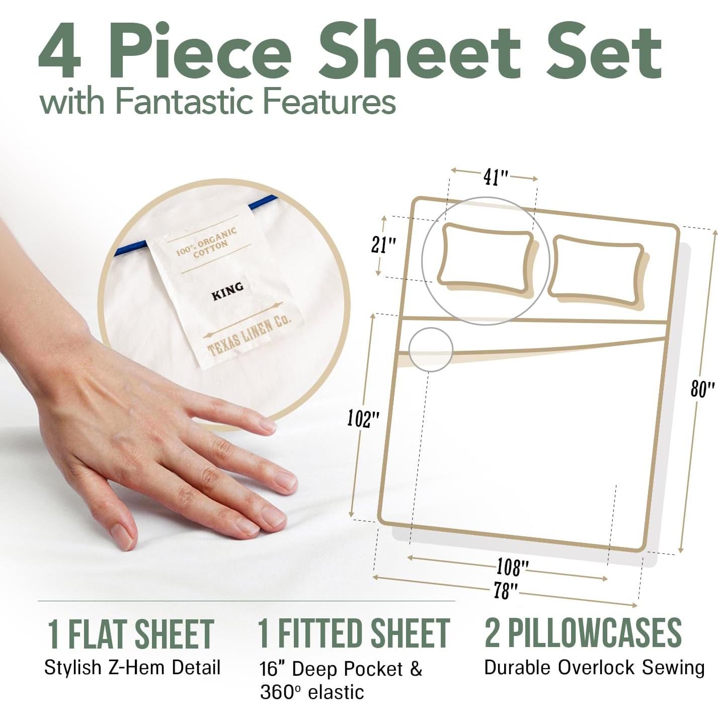 Juego de Sábanas King Algodón Orgánico TEXAS LINEN CO. 4 Piezas