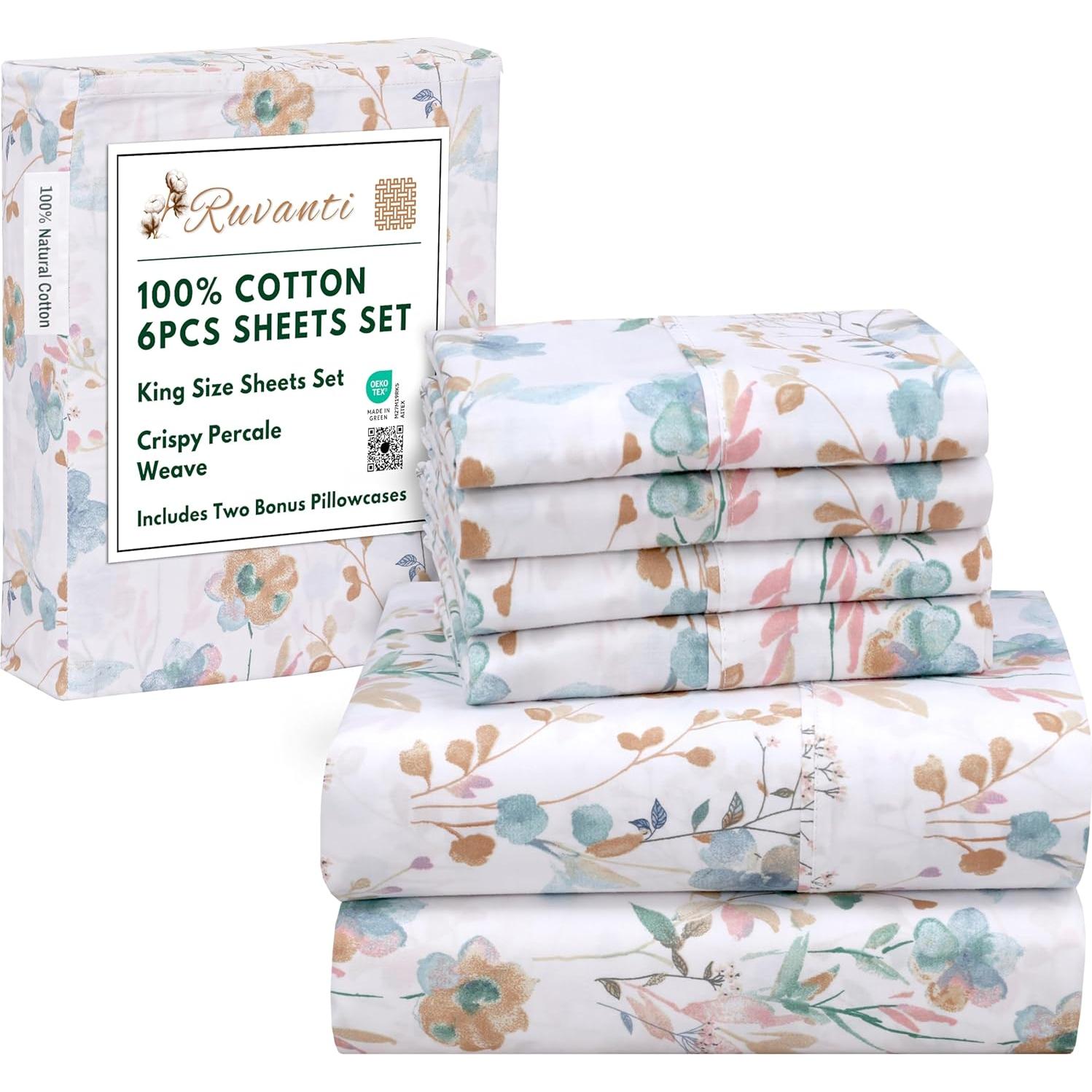 Juego de Sábanas King RUVANTI 100% Algodón Natural 6 Piezas