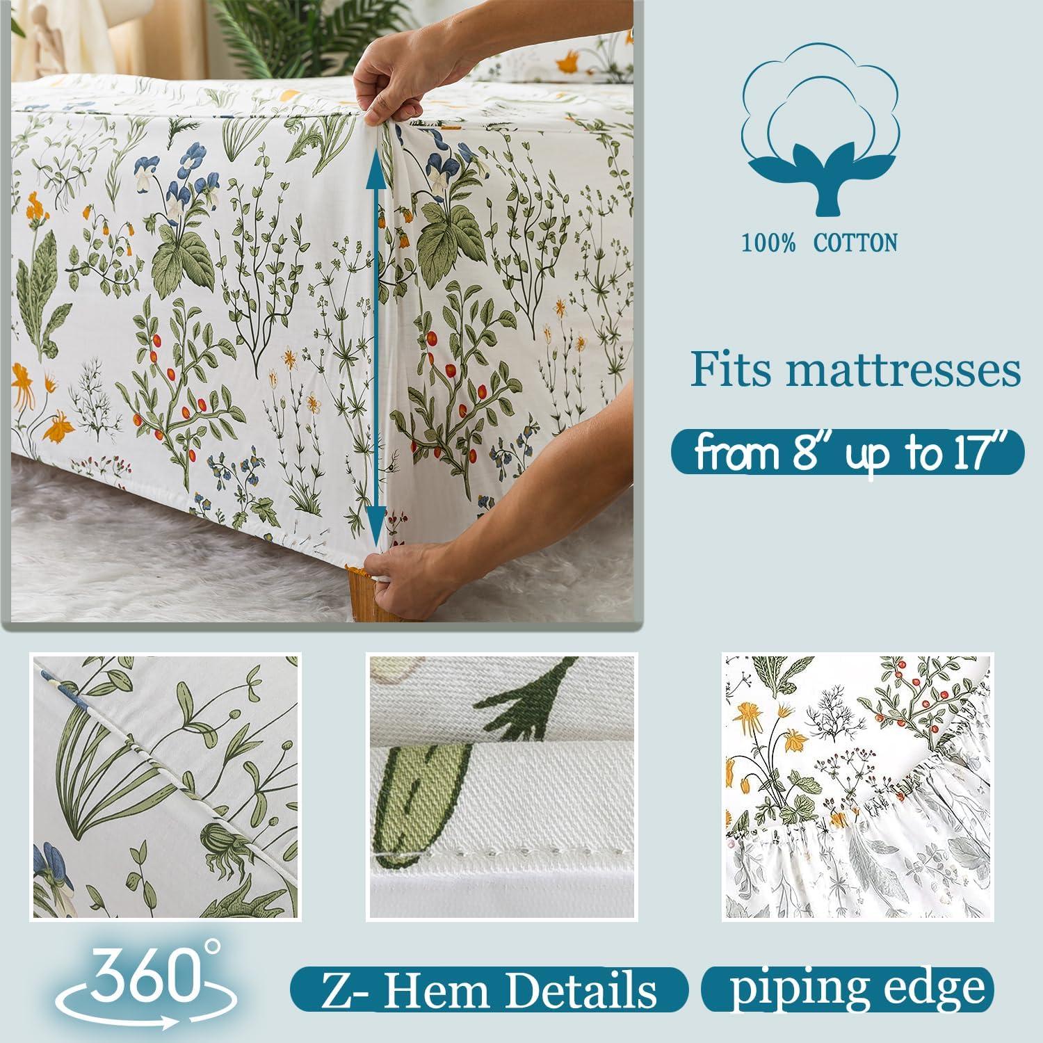 Juego de Sábanas King Size Zusbest 100% Algodón Percale Floral Verde