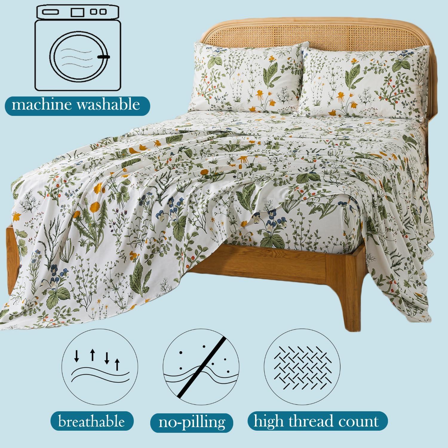 Juego de Sábanas King Size Zusbest 100% Algodón Percale Floral Verde
