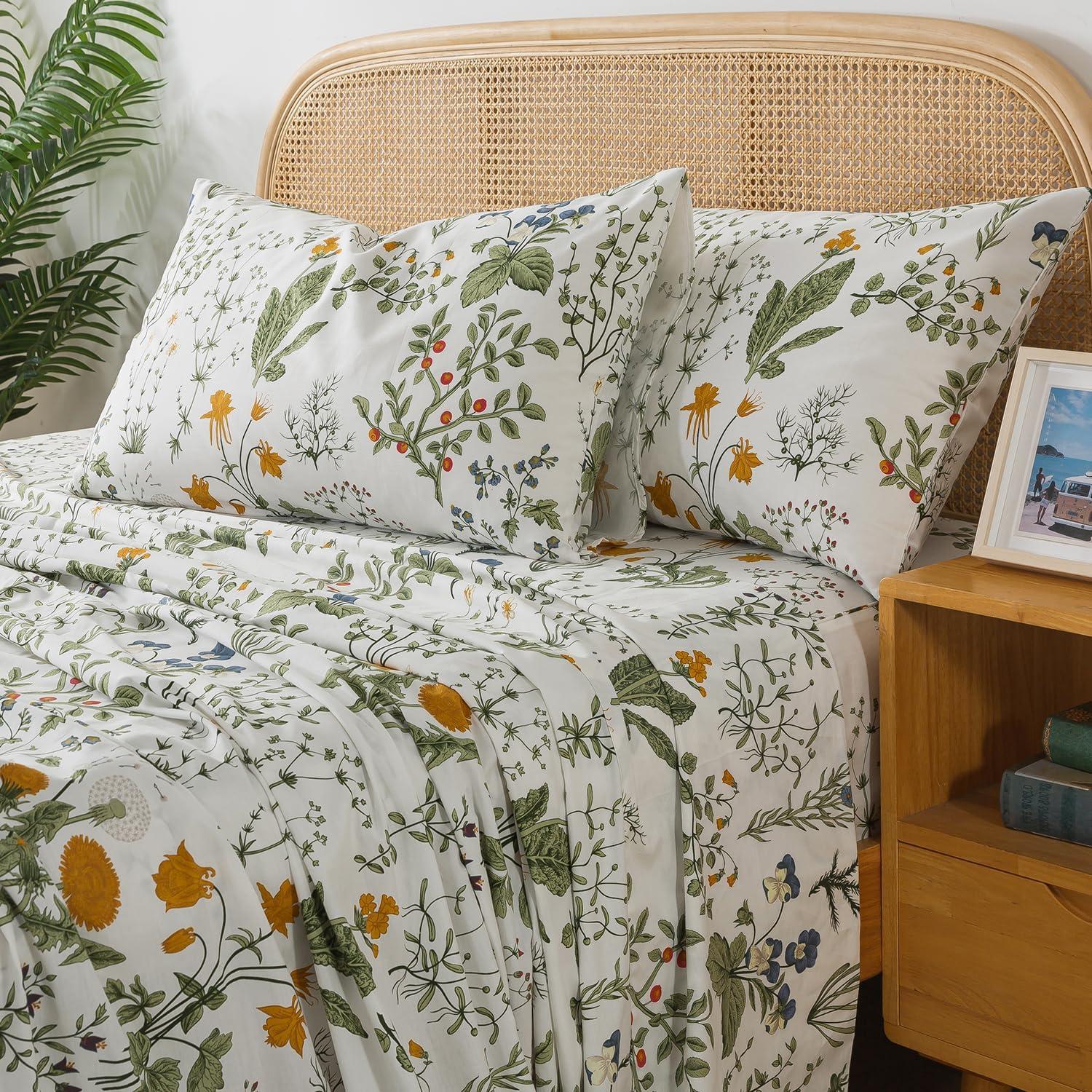 Juego de Sábanas King Size Zusbest 100% Algodón Percale Floral Verde