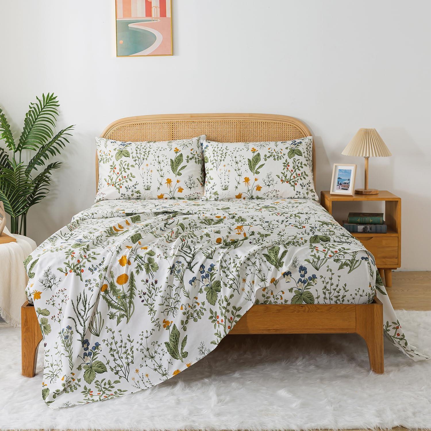 Juego de Sábanas King Size Zusbest 100% Algodón Percale Floral Verde