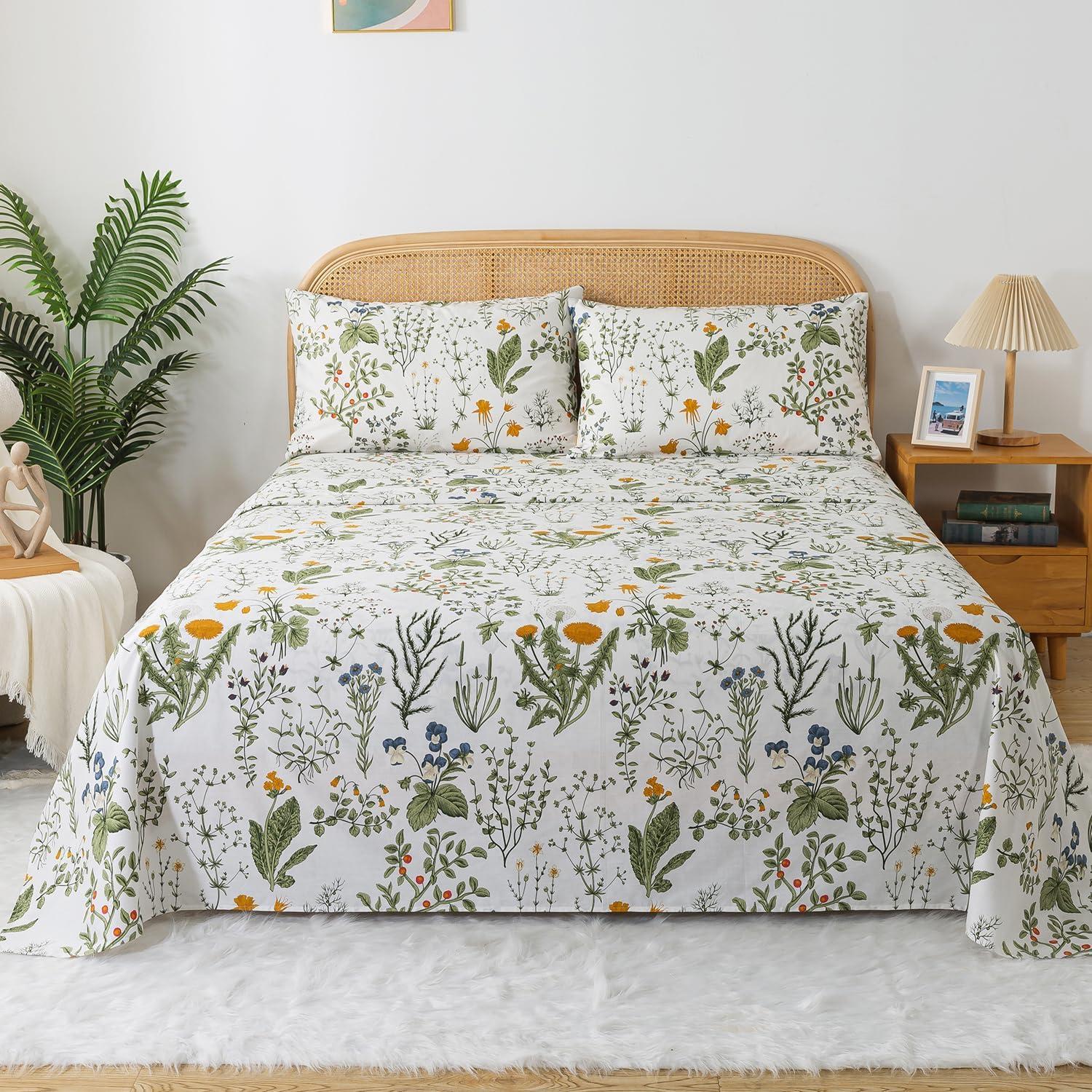 Juego de Sábanas King Size Zusbest 100% Algodón Percale Floral Verde