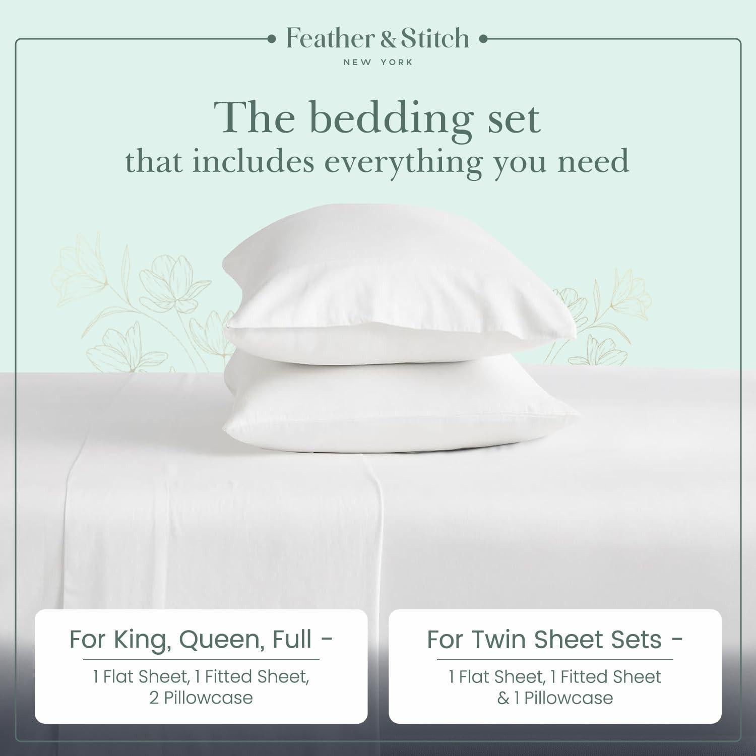 Feather & Stitch Softest 100% Cotton Sheets, 300 Thread Count Percale Weave Bedding, 16" Deep Pocket, Cooling Sheets, Breathable Bed Set, Hotel Premium Quality (King White)