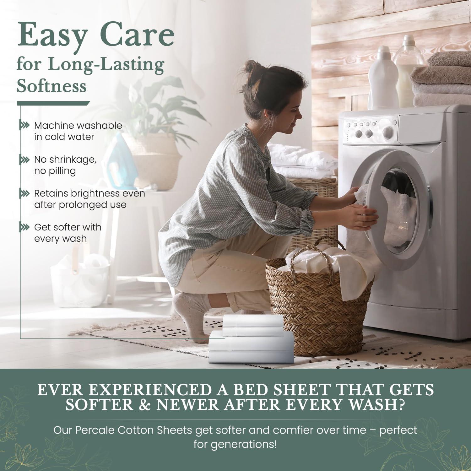 Feather & Stitch Softest 100% Cotton Sheets, 300 Thread Count Percale Weave Bedding, 16" Deep Pocket, Cooling Sheets, Breathable Bed Set, Hotel Premium Quality (King White)