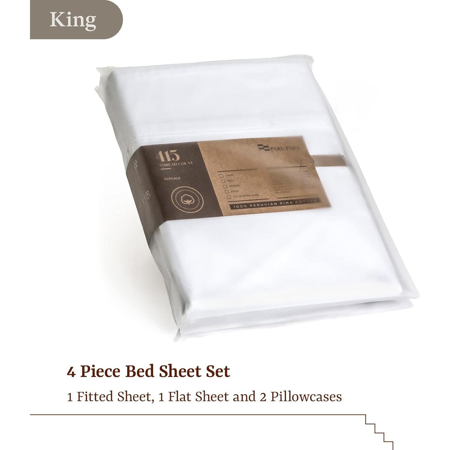 Juego de Sábanas King Peru Pima 4 Piezas 100% Algodón 415 Hilos