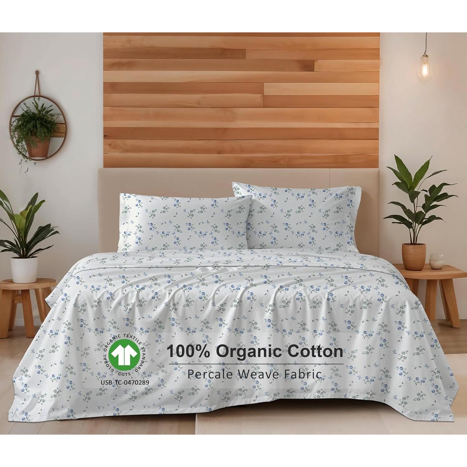 Sábanas de Algodón Orgánico RUVANTI Queen 4 Piezas Vuelo de Mantequilla