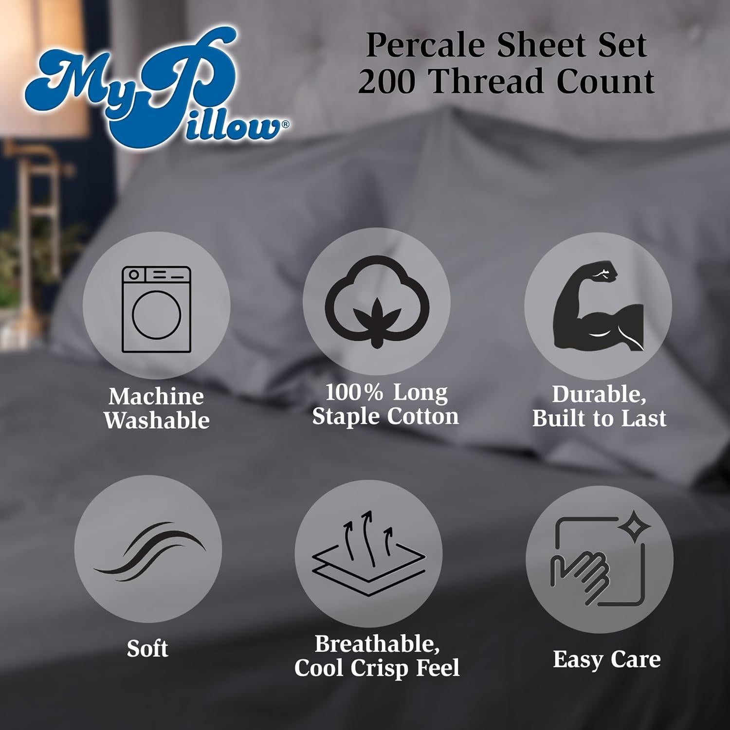 Sábanas de Cama MyPillow Reina 100% Algodón 200 Hilos Azul