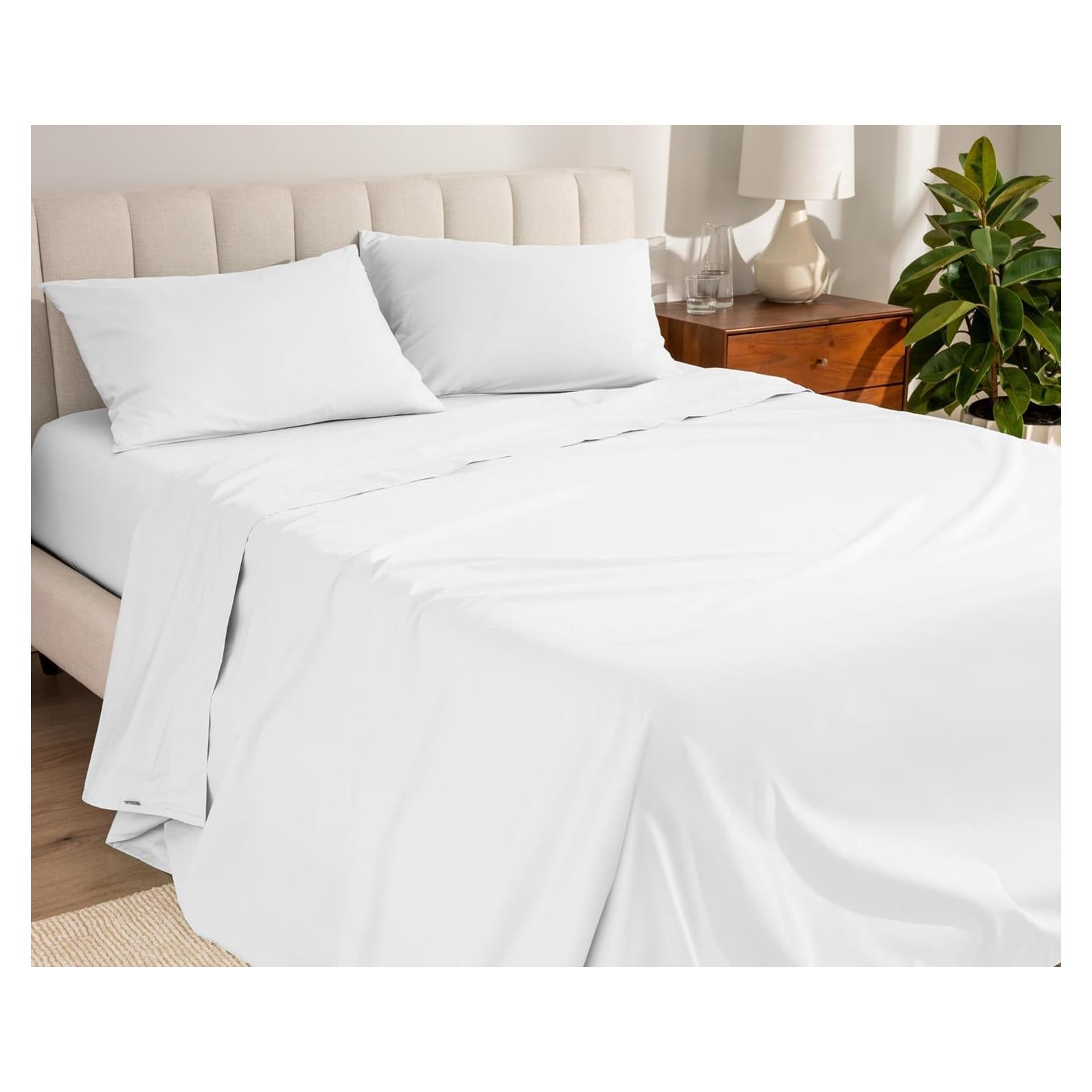 Bare Home 100% Organic Cotton Queen Sheet Set - Crisp Percale Weave - Lightweight & Breathable - Bedding Sheets & Pillowcases (Queen, White)
