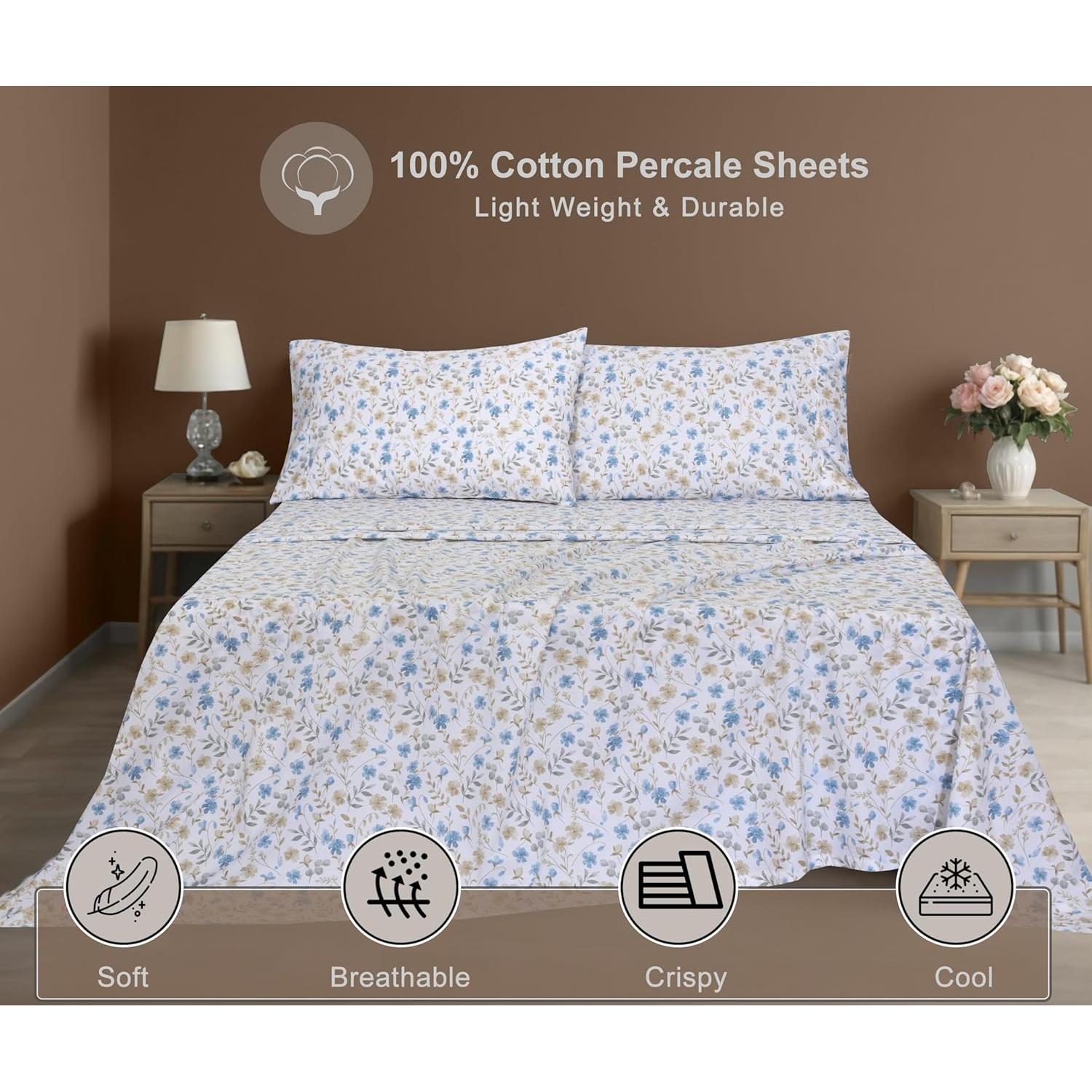 Juego de Sábanas Queen ZOYER 100% Algodón Costa Campestre 4 Piezas