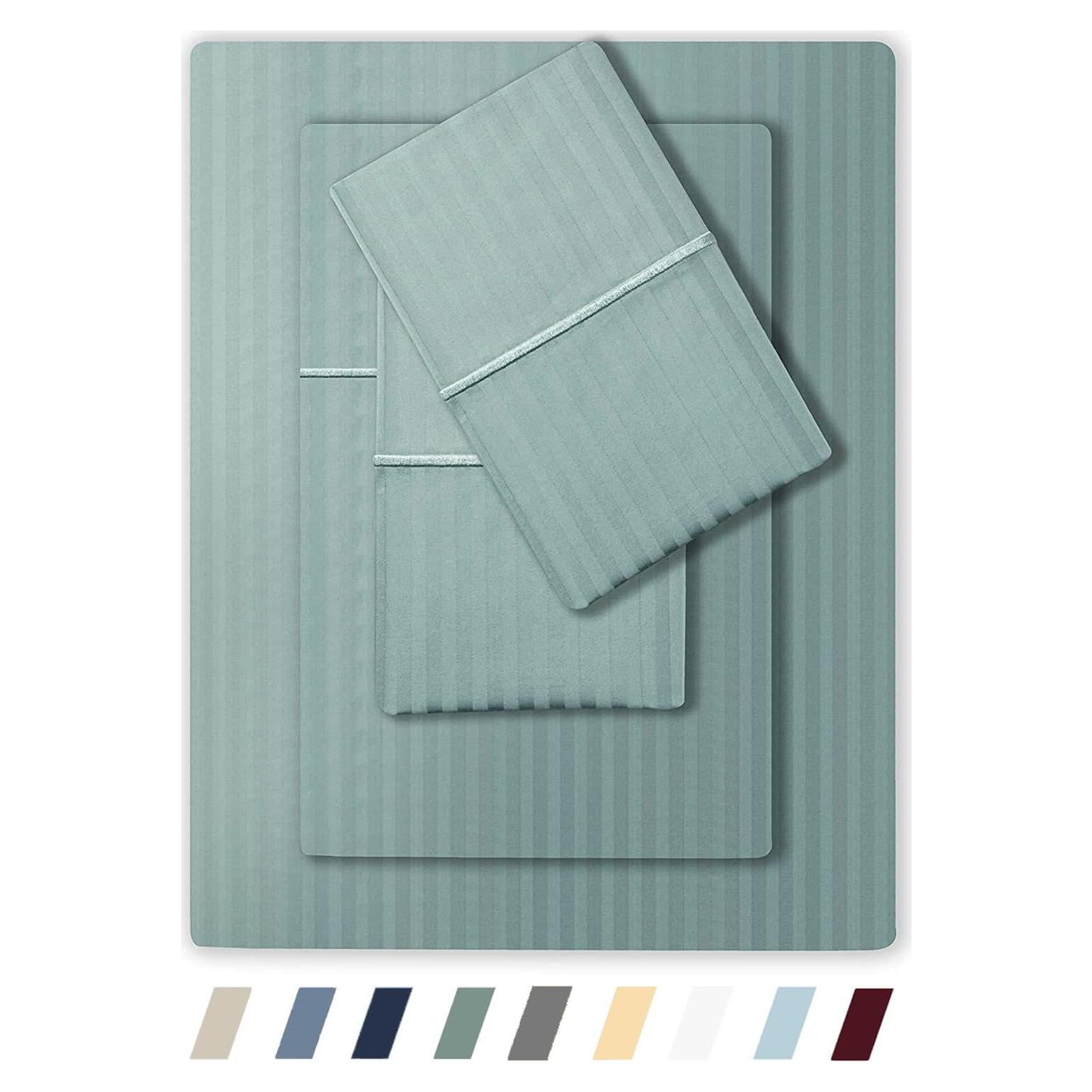 Feather & Stitch 500 TC King Size Damask Bed Sheet Set, 100% Cotton Soft Breathable Bedsheets, 4 Piece 18" Deep Pockets Sateen Weave Striped Bedding Mattress Resort Hotel Luxury - (Granite Green)