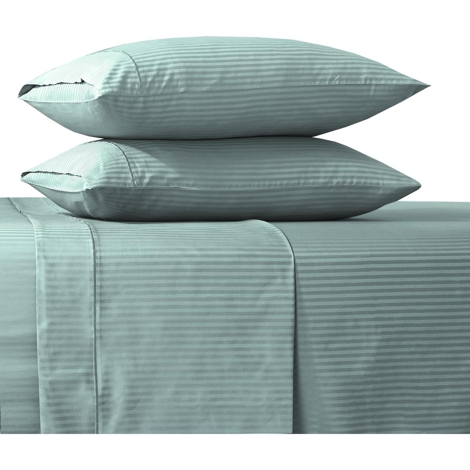 Feather & Stitch 500 TC King Size Damask Bed Sheet Set, 100% Cotton Soft Breathable Bedsheets, 4 Piece 18" Deep Pockets Sateen Weave Striped Bedding Mattress Resort Hotel Luxury - (Granite Green)