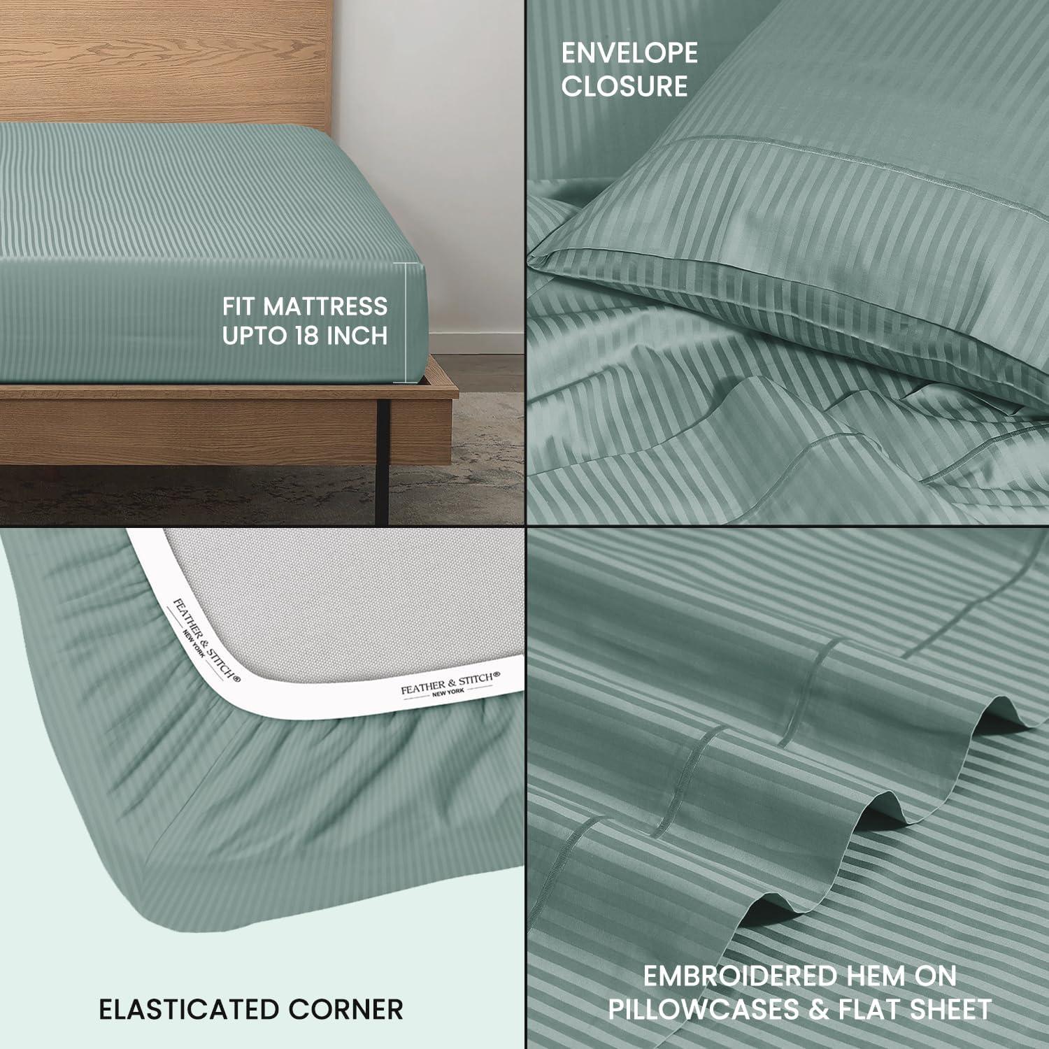 Feather & Stitch 500 TC King Size Damask Bed Sheet Set, 100% Cotton Soft Breathable Bedsheets, 4 Piece 18" Deep Pockets Sateen Weave Striped Bedding Mattress Resort Hotel Luxury - (Granite Green)